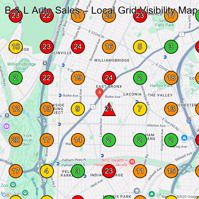 B & L Auto Sales Used Car Dealer GeoGrid ranking map for Bronx NY
